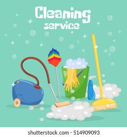 Cleaning tools and equipment with cartoon mop, bucket and vacuum cleaner illustration vector background.