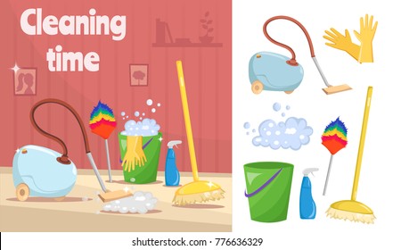 Cleaning tools and equipment with cartoon mop, bucket and vacuum cleaner illustration vector background.