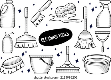Cleaning tools equipment element with hand drawn lineal doodle design