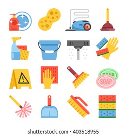 Cleaning tools and cleaning equipment flat icons set. Vector icons isolated on white background