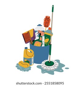 Cleaning tools and equipments in bucket.