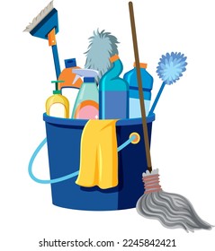 Cleaning tools and equipments in bucket illustration