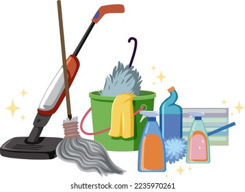 Cleaning tools and equipments set illustration