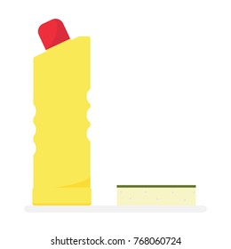 Cleaning tools flat design illustration.Household stuff isolated on white background.Yellow bottle with detergent and sponge