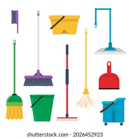 Cleaning tools flat vector illustrations set. Collection of household equipment, broom, mop, brush, dustpan or hand shovel, bucket isolated on white background. Housework, hygiene concept