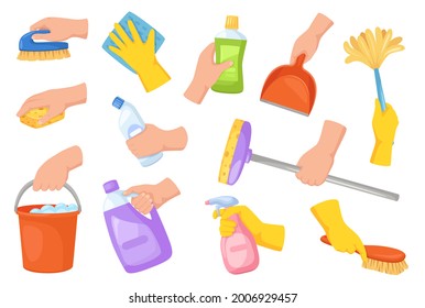 Cleaning tools in hands. Hand holding housekeeping equipment, broom, duster, detergent, scoop. Cartoon house cleaning supplies vector set. Workers or maids doing cleanup with accessories