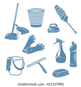 cleaning tools in a home,contoured shape, silhouette. vector illustration