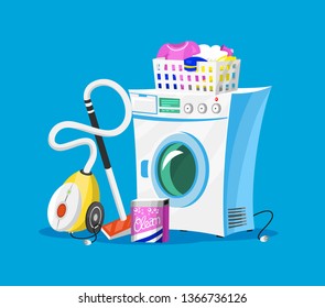 Cleaning tools. House icons for poster. Washing machine, Detergents Cleanser for apartments, Water bucket for Mopping, Vacuum cleaner Scoop, Chemicals Appliances for service. Cartoon Household.
