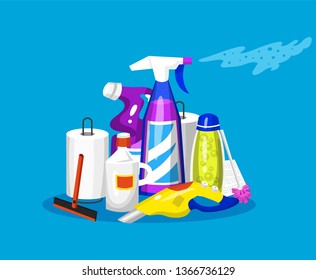 Cleaning tools. House icons for poster. Washing machine, Detergents Cleanser for apartments, Water bucket for Mopping, Vacuum cleaner Scoop, Chemicals Appliances for service. Cartoon Household.
