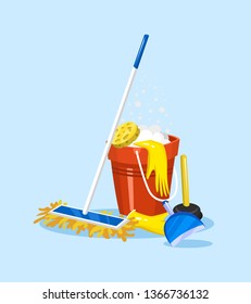 Cleaning tools. House icons for poster. Washing machine, Detergents Cleanser for apartments, Water bucket for Mopping, Vacuum cleaner Scoop, Chemicals Appliances for service. Cartoon Household.