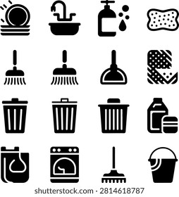 Cleaning tools and household cleaning supplies flat icons with transparent background for various uses
