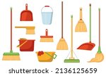 Cleaning tools for housework set. Vector illustrations of plastic housekeeping equipment. Cartoon broom mop sweeper squeegee bucket dustpan pail isolated on white. Cleanup, service, hygiene concept