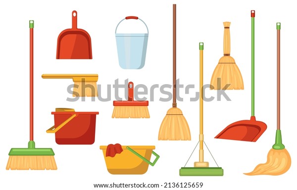 Cleaning tools for housework set. Vector\
illustrations of plastic housekeeping equipment. Cartoon broom mop\
sweeper squeegee bucket dustpan pail isolated on white. Cleanup,\
service, hygiene\
concept