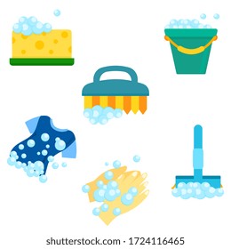 cleaning tools icon collection. foam effect from cleaner