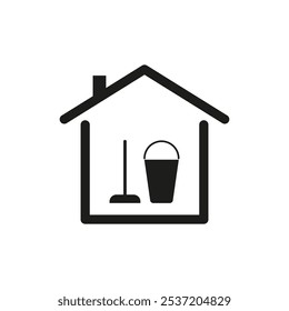 Cleaning tools icon. House shape symbol. Mop and bucket vector. Black outline design.