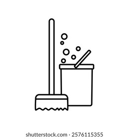 Cleaning tools icon, mop and bucket, simple flat style, pictogram logo symbol vector illustration, isolated on white for mobile app