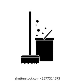 Cleaning tools icon, mop and bucket, simple flat style, pictogram logo symbol vector illustration, isolated on white for mobile app