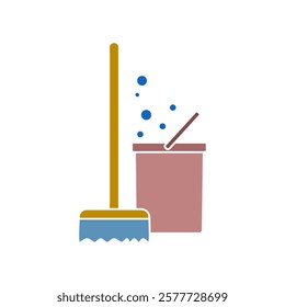 Cleaning tools icon, mop and bucket, simple flat style, pictogram logo symbol vector illustration, isolated on white for mobile app