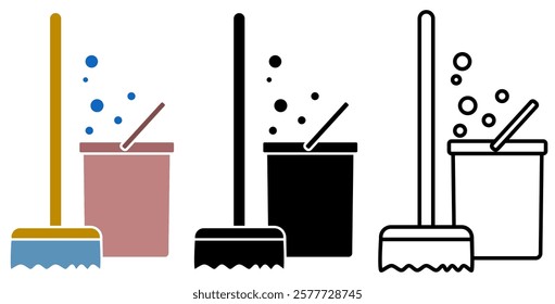 Cleaning tools icon, mop and bucket, simple flat style, pictogram logo symbol vector illustration, isolated on white for mobile app