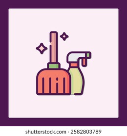 Cleaning Tools Icon Set: Broom and Spray Bottle