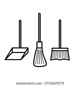 Symbol-Set für Reinigungswerkzeuge mit Besen, Staubwanne und Mopp, einzeln mit einem einfachen, sauberen Design, geeignet für die Gebäudepflege, Reinigungsdienste, Wartung und Hygienekonzepte.