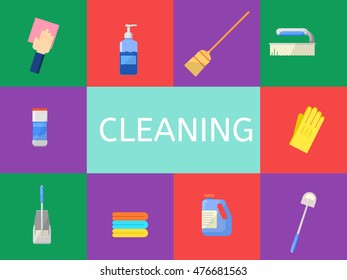Cleaning tools icon set flat vector illustration