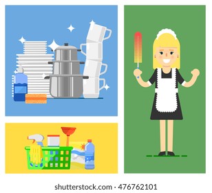 Cleaning tools icon set flat vector illustration