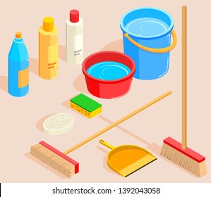 Cleaning tools icon set isometric vector illustration.Flat 3d vector isometric illustration. Cleaning, home appliances icons isometric set, housework, domestic tools. 