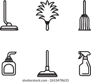 Cleaning Tools Icon Set Vacuum, Duster, Mop, Soap, and Spray Bottle – Vector Outline for Home Hygiene
