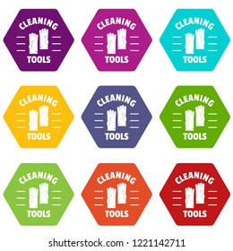Cleaning tools icons 9 set coloful isolated on white for web
