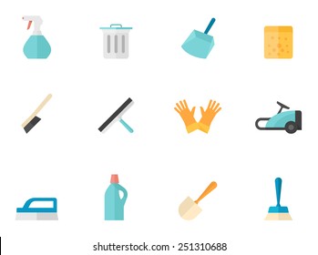 Cleaning tools icons in flat color style