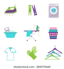 Cleaning tools icons in flat color style vector