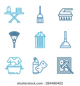 Cleaning tools icons in flat color style vector