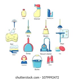 Cleaning tools icons set. Cartoon illustration of 16 cleaning tools vector icons for web