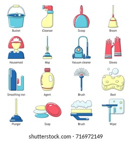 Cleaning tools icons set. Cartoon illustration of 16 cleaning tools vector icons for web