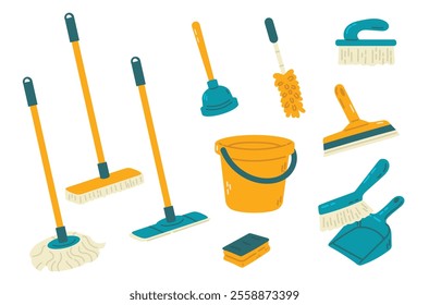 Cleaning tools icons set. Cleaning service vector illustration. Mop, broom, bucket