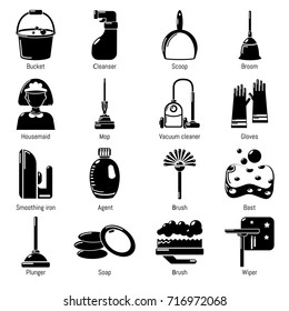 Cleaning tools icons set. Simple illustration of 16 cleaning tools vector icons for web