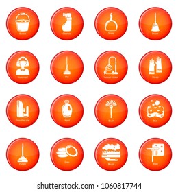 Cleaning tools icons set vector red circle isolated on white background 