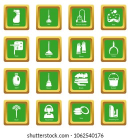 Cleaning tools icons set vector green square isolated on white background 