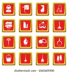 Cleaning tools icons set vector red square isolated on white background 
