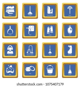 Cleaning tools icons set vector blue square isolated on white background 