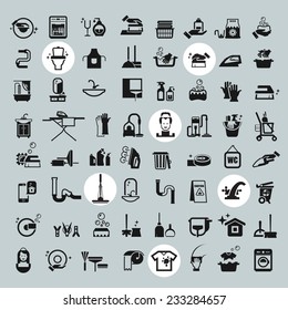 Cleaning Tools icons. vector black cleaning icons set