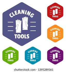 Cleaning tools icons vector colorful hexahedron set collection isolated on white 