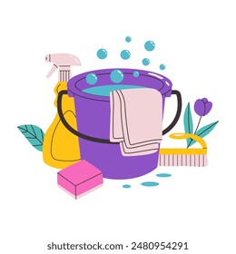 Cleaning Tools illustration. Bucket of water, rag, glass cleaning spray, sponge and flowers. Colorful vector illustration.