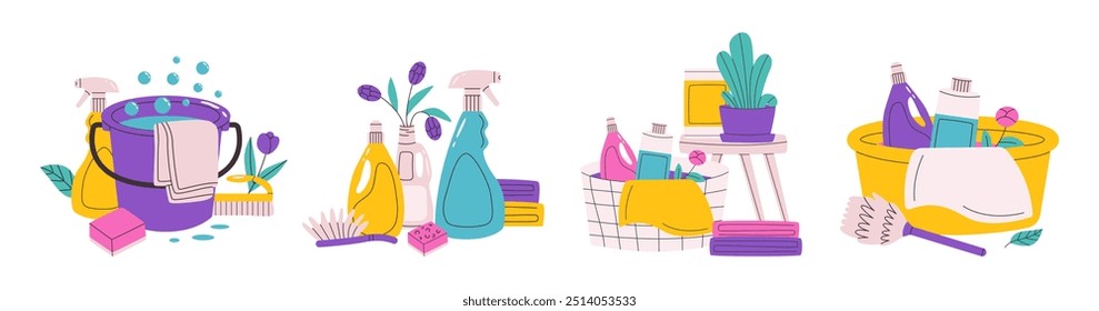 Cleaning Tools illustration set. Cleaning concept with a bucket of water, brushes, sponges and window cleaning liquid, a basin of laundry. Flat vector illustration isolated on white background.