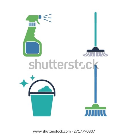 Cleaning tools including spray bottle, bucket, and brooms green blue