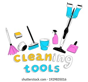 Cleaning tools lettering in Doodle style. Instruments for washing. Purifying service.Hands in gloves.Bucket, broom and detergent. Vector sketch illustration. Advertising for ordering scrubwoman