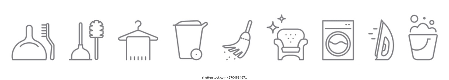 Cleaning tools line icon set. Mop, spray, iron, furniture cleaning, bucket, broom, washing machine symbols for hygiene, housekeeping, and home care design, garbage container. Editable stroke.