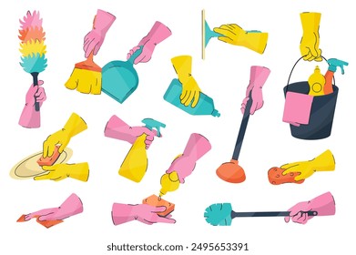 Cleaning tools mega set elements in flat cartoon graphic design. Bundle objects of dust brush, dustpan, broom, rubber gloves hand, detergent bottles, bucket, rag, sponge, other. Vector illustration.