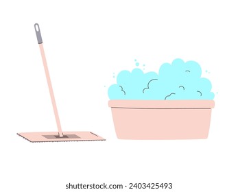 Cleaning tools - mop and basin with a foam. Modern flat vector illustration isolated on white background